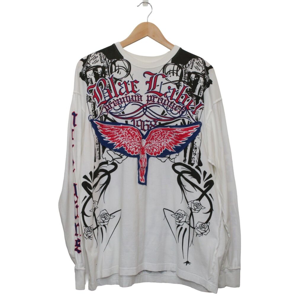 Blac Label 2XL Graphic Long Sleeve Shirt Winged Skull Roses Tattoo Metal Details